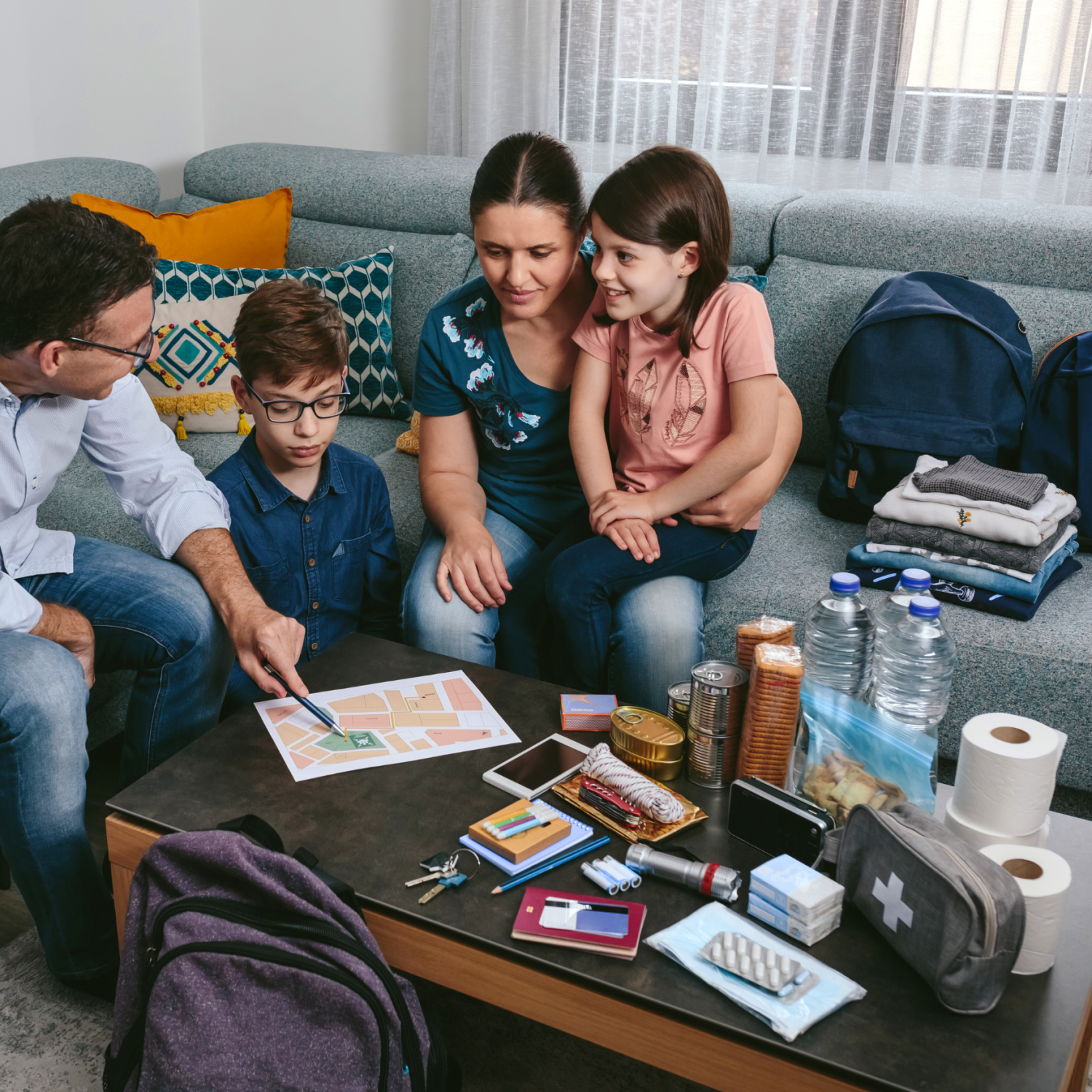 Gezin bespreekt noodplan en heeft inhoud van noodpakket op tafel uitgestald