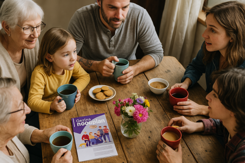 Gezin aan tafel met koffie