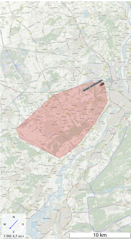 In rood gebied aangegeven waarvoor NL Alert geldt