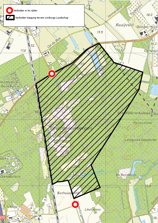 Kaart verboden toegang gebied Natuurgebied Boschhuizerbergen