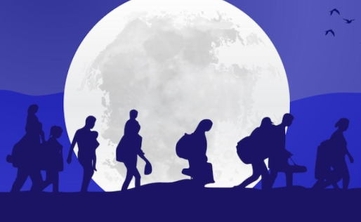 asielzoekers wandelen bij maan